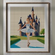 ballerina-beside-castle-b alternative framed cross stitch mockup, realistic finished embroidery presentation