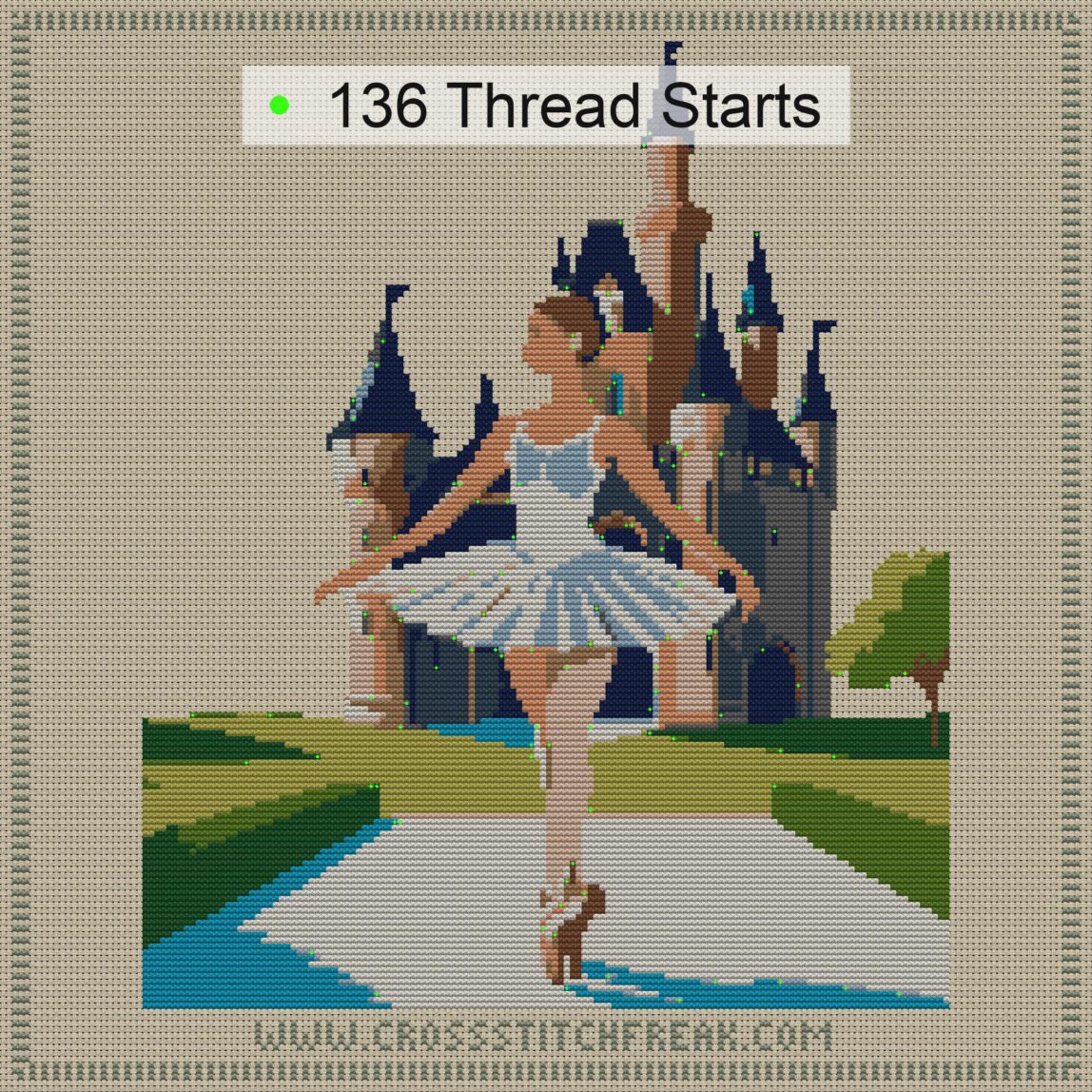 ballerina-beside-castle-b cross stitch start point map with highlighted thread start positions in the full design
