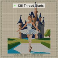 ballerina-beside-castle-b cross stitch start point map with highlighted thread start positions in the full design