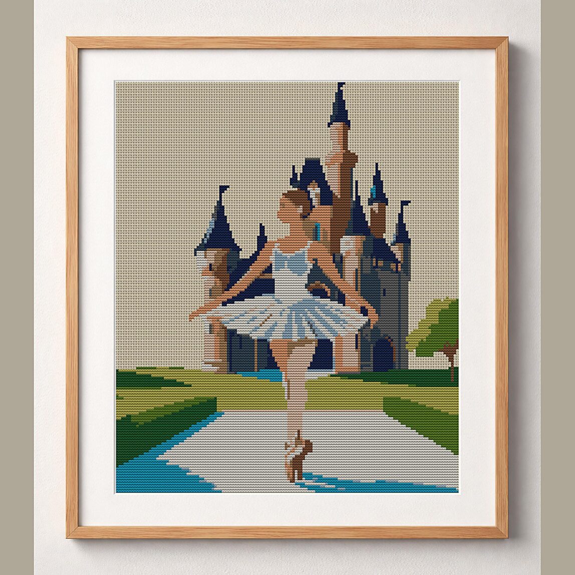 ballerina-beside-castle-b framed cross stitch mockup, realistic finished embroidery design, PDF pattern digital download