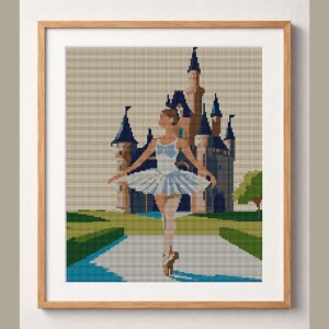 ballerina-beside-castle-b framed cross stitch mockup, realistic finished embroidery design, PDF pattern digital download