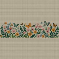 wildflower-wreath full cross stitch design mockup without frame, realistic embroidery preview