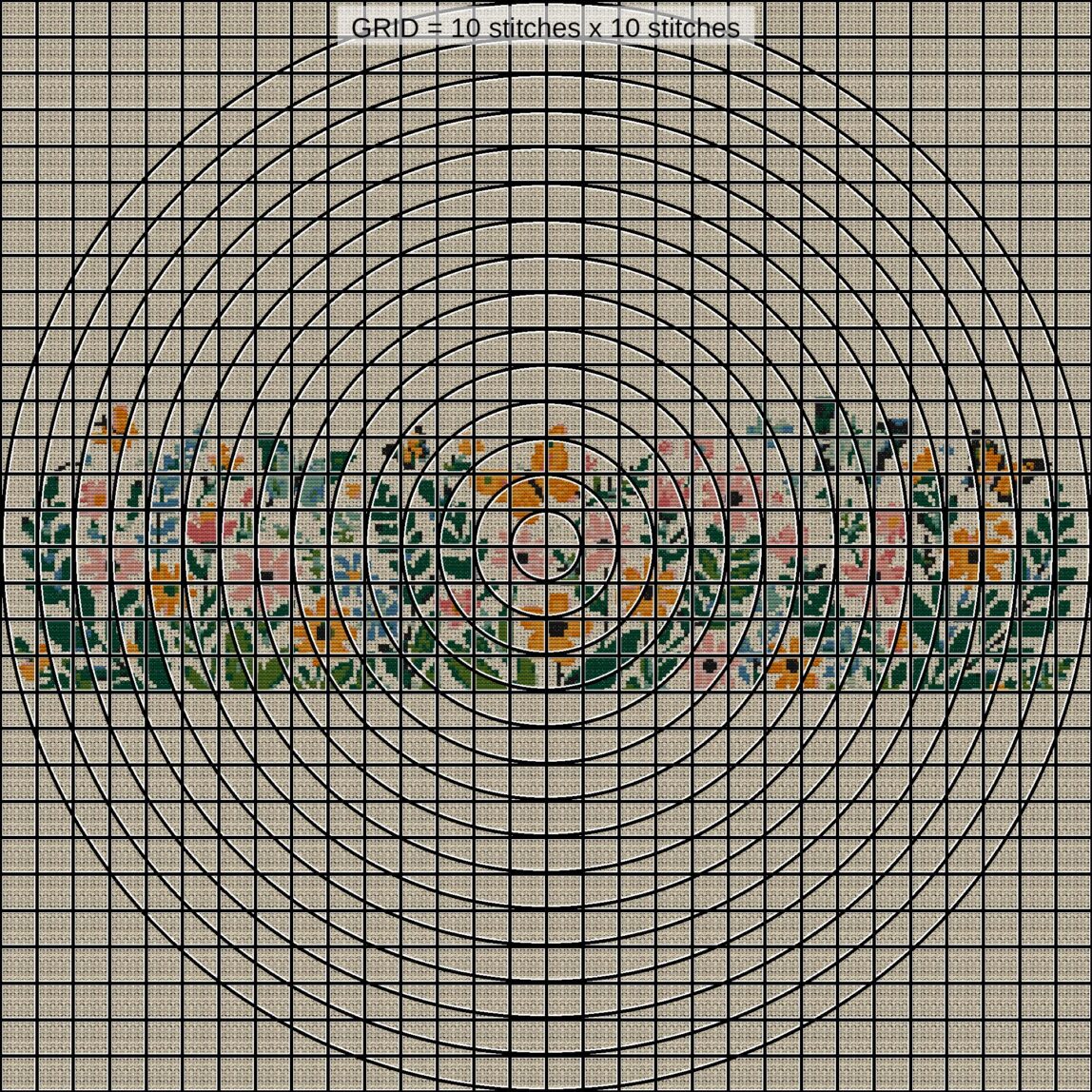 wildflower-wreath zoomed stitching detail wildflower-wreath close-up cross stitch detail showing color changes, confetti areas and stitch texture