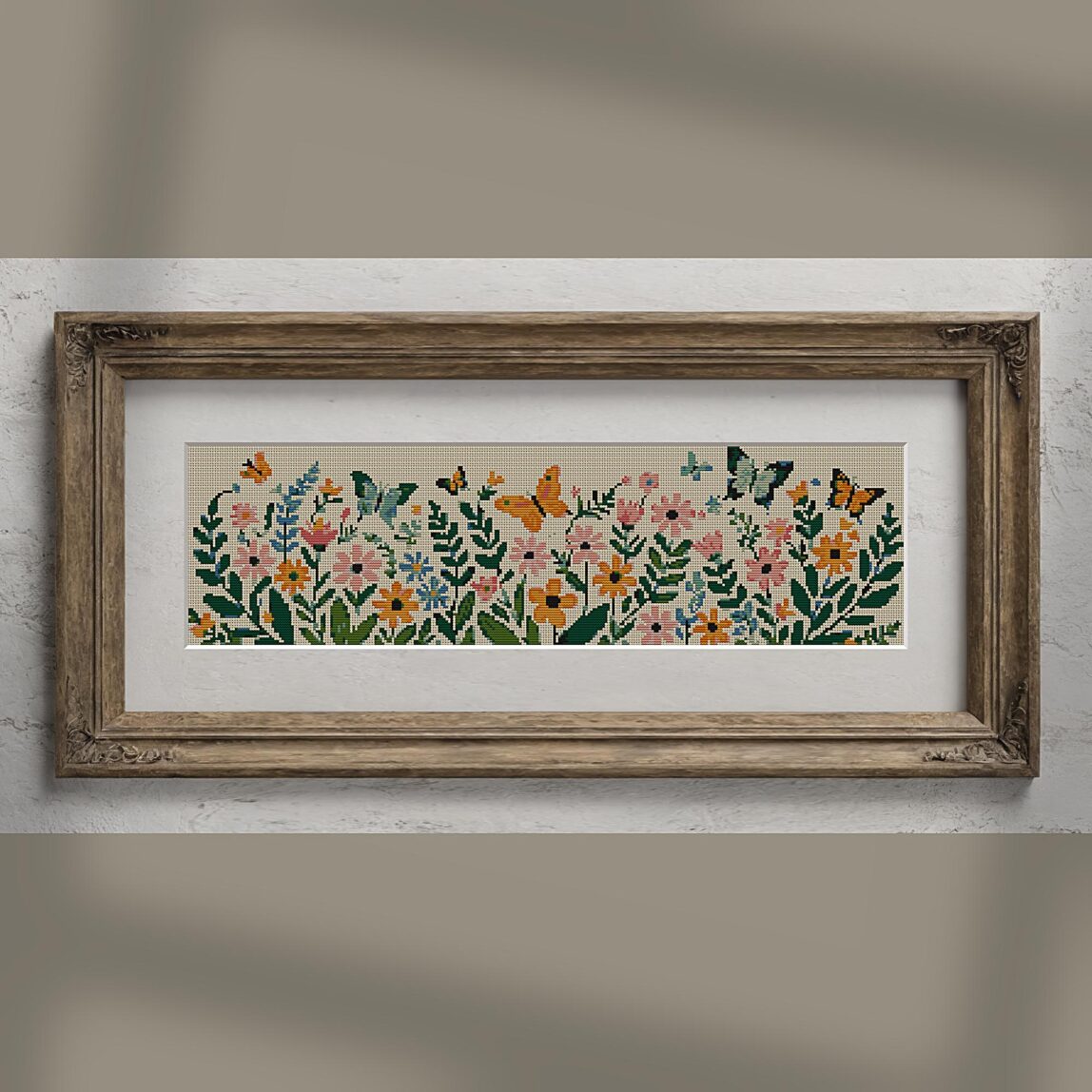 wildflower-wreath alternative framed mockup wildflower-wreath alternative framed cross stitch mockup, realistic finished embroidery presentation