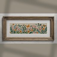 wildflower-wreath alternative framed cross stitch mockup, realistic finished embroidery presentation