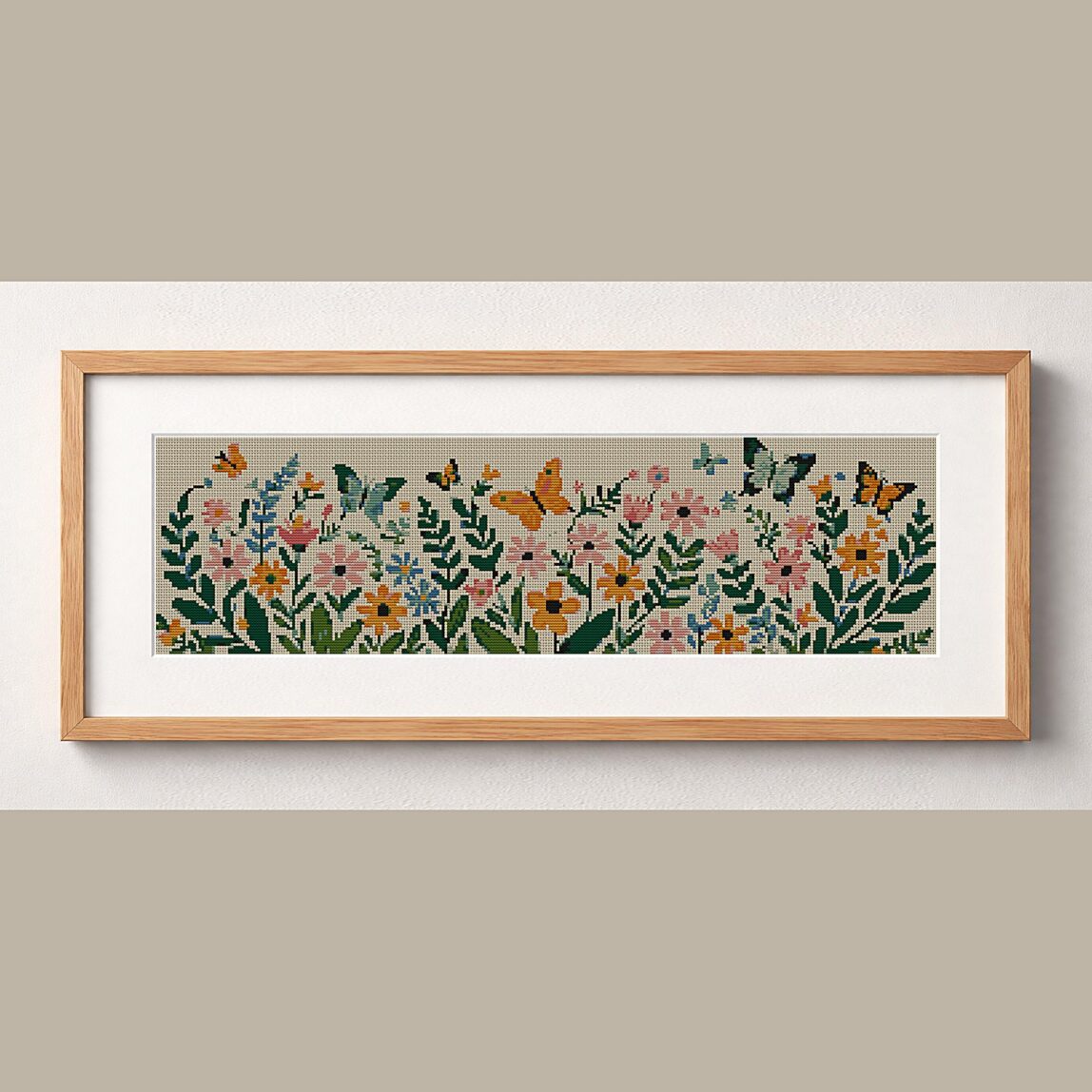 wildflower-wreath framed cross stitch mockup wildflower-wreath framed cross stitch mockup, realistic finished embroidery design, PDF pattern digital download