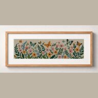wildflower-wreath framed cross stitch mockup, realistic finished embroidery design, PDF pattern digital download