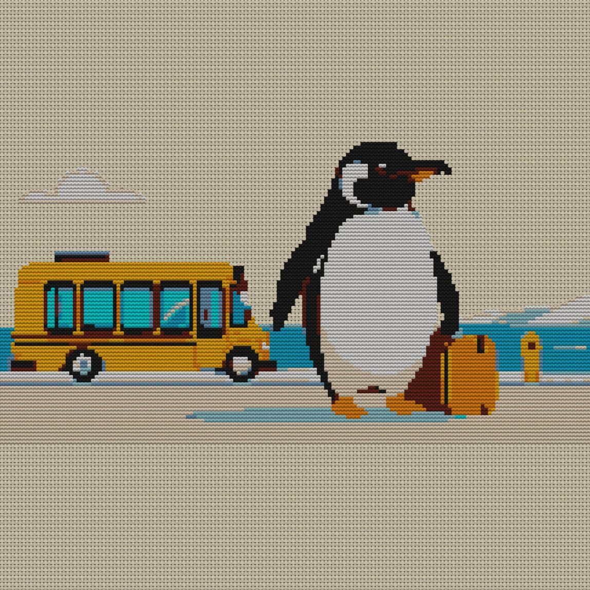 penguin-with-briefcase full cross stitch design mockup without frame, realistic embroidery preview