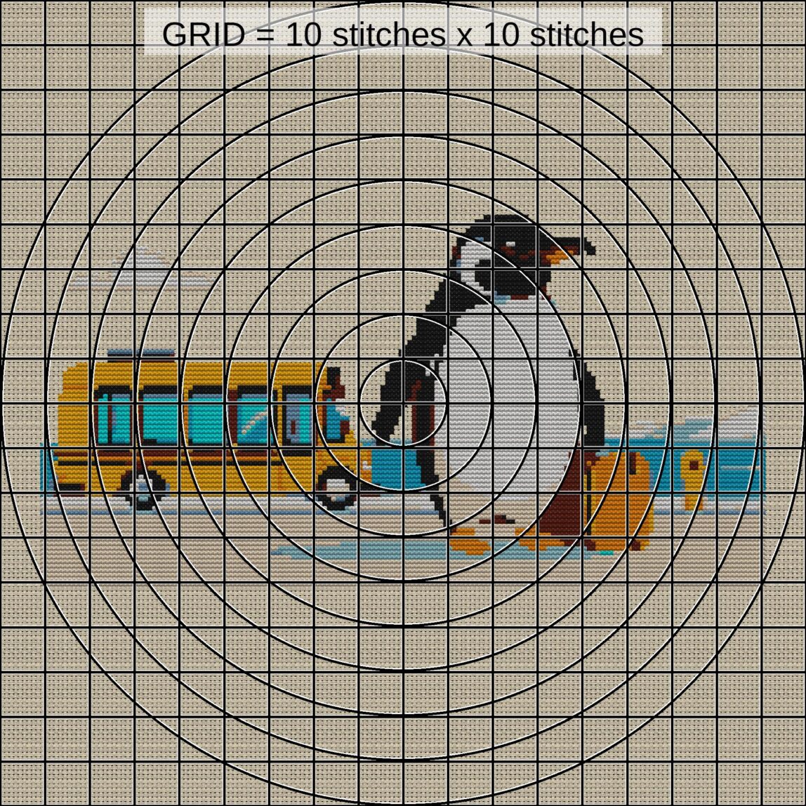 penguin-with-briefcase close-up cross stitch detail showing color changes, confetti areas and stitch texture