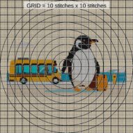 penguin-with-briefcase close-up cross stitch detail showing color changes, confetti areas and stitch texture