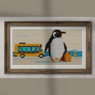 penguin-with-briefcase alternative framed cross stitch mockup, realistic finished embroidery presentation