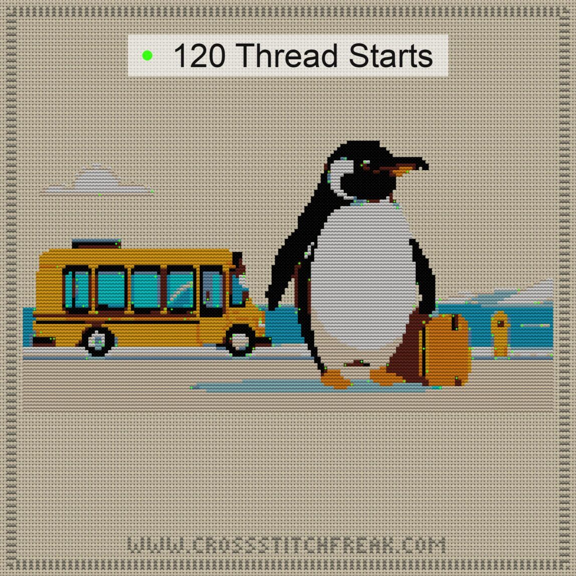 penguin-with-briefcase cross stitch start point map with highlighted thread start positions in the full design