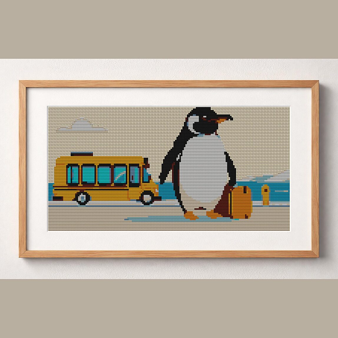 penguin-with-briefcase framed cross stitch mockup, realistic finished embroidery design, PDF pattern digital download