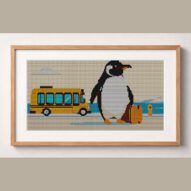 penguin-with-briefcase framed cross stitch mockup, realistic finished embroidery design, PDF pattern digital download