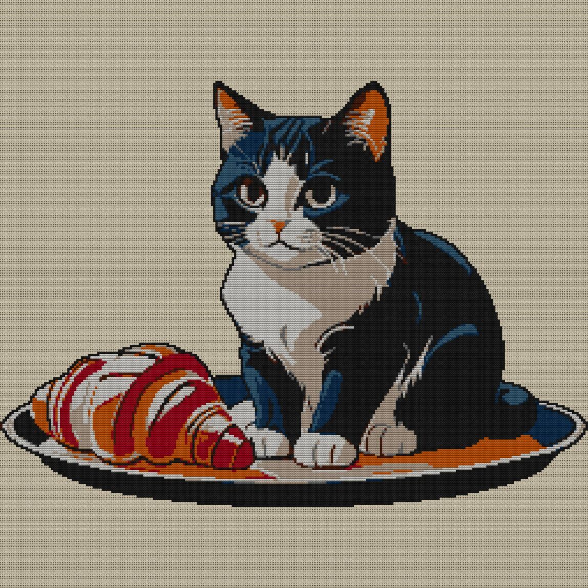 cat-in-bakery full design mockup without frame cat-in-bakery full cross stitch design mockup without frame, realistic embroidery preview