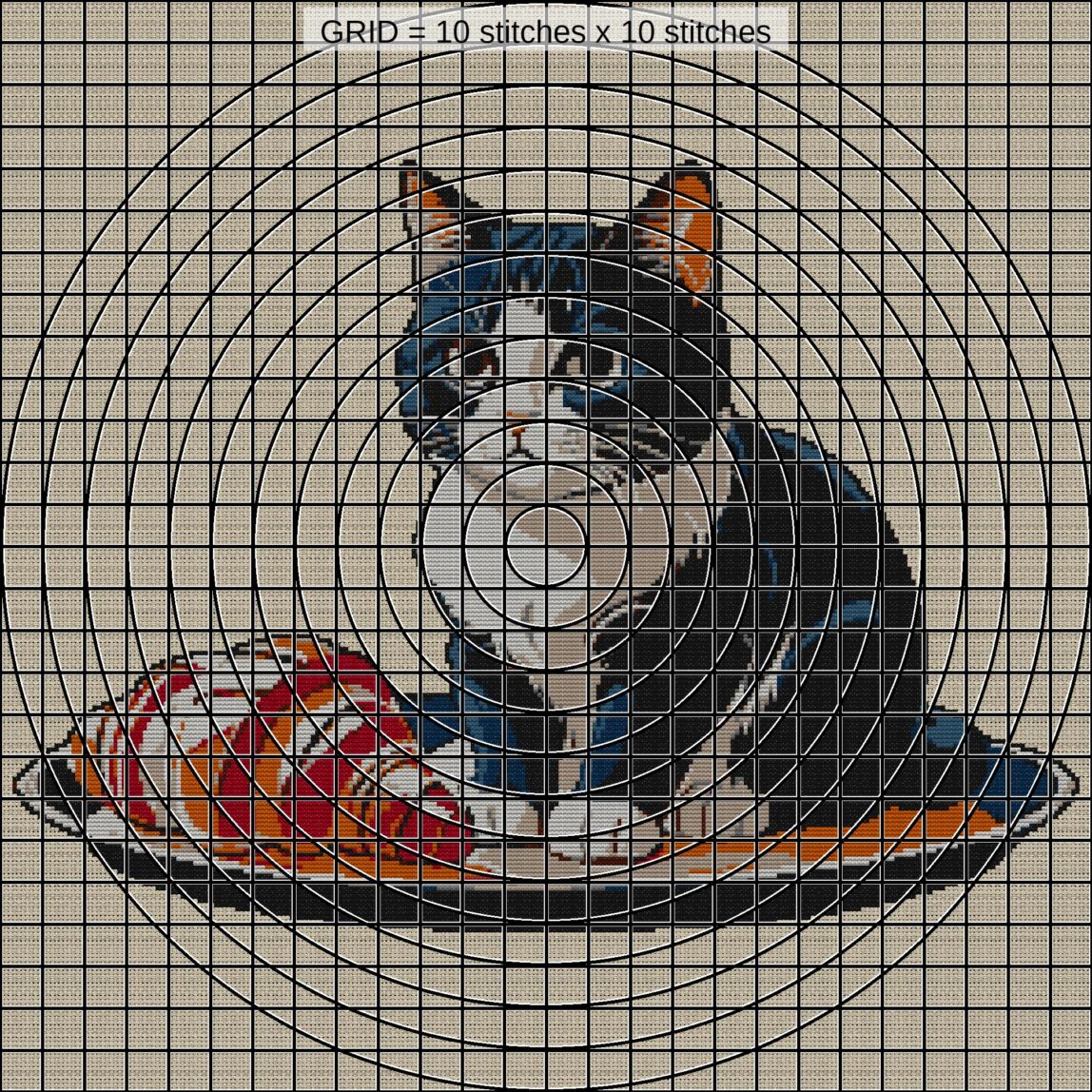 cat-in-bakery zoomed stitching detail cat-in-bakery close-up cross stitch detail showing color changes, confetti areas and stitch texture