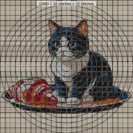 cat-in-bakery close-up cross stitch detail showing color changes, confetti areas and stitch texture