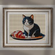 cat-in-bakery alternative framed cross stitch mockup, realistic finished embroidery presentation