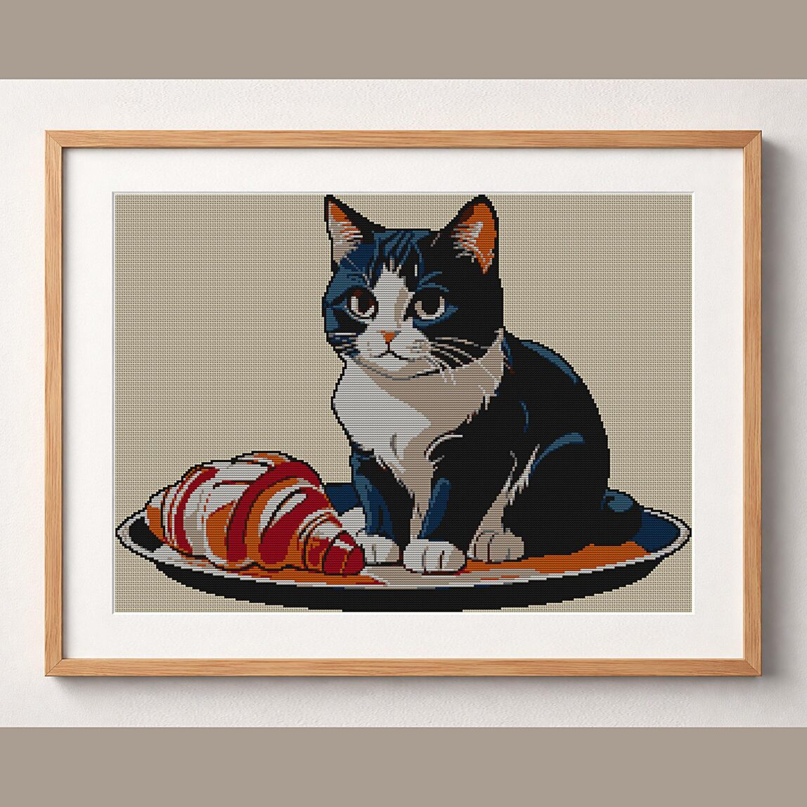 cat-in-bakery framed cross stitch mockup cat-in-bakery framed cross stitch mockup, realistic finished embroidery design, PDF pattern digital download