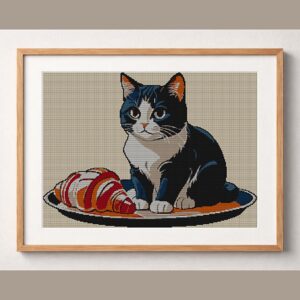cat-in-bakery framed cross stitch mockup, realistic finished embroidery design, PDF pattern digital download