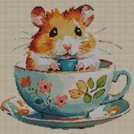 hamster-in-teacup full cross stitch design mockup without frame, realistic embroidery preview