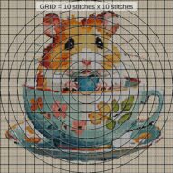 hamster-in-teacup close-up cross stitch detail showing color changes, confetti areas and stitch texture