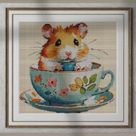 hamster-in-teacup alternative framed cross stitch mockup, realistic finished embroidery presentation