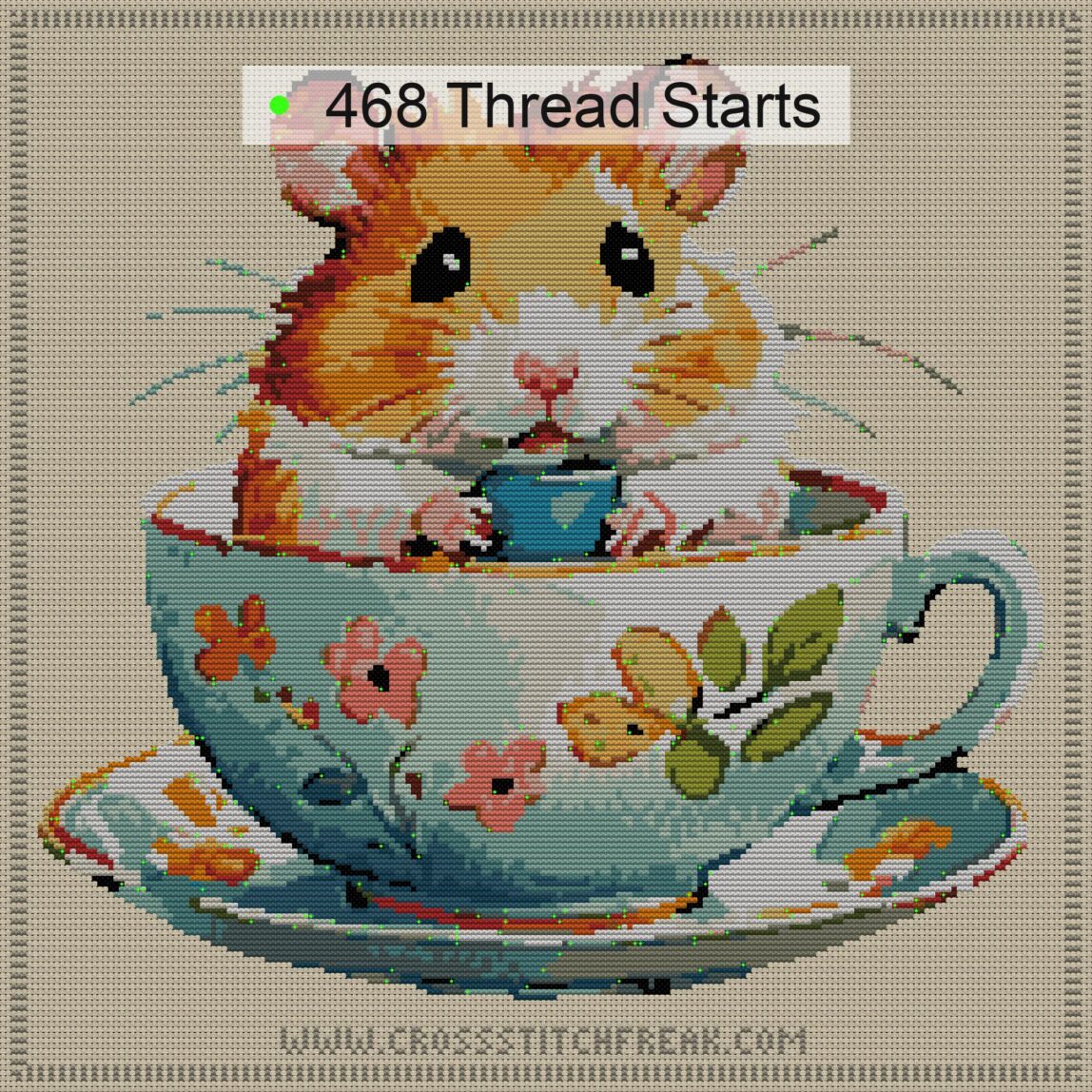 hamster-in-teacup thread start point map hamster-in-teacup cross stitch start point map with highlighted thread start positions in the full design