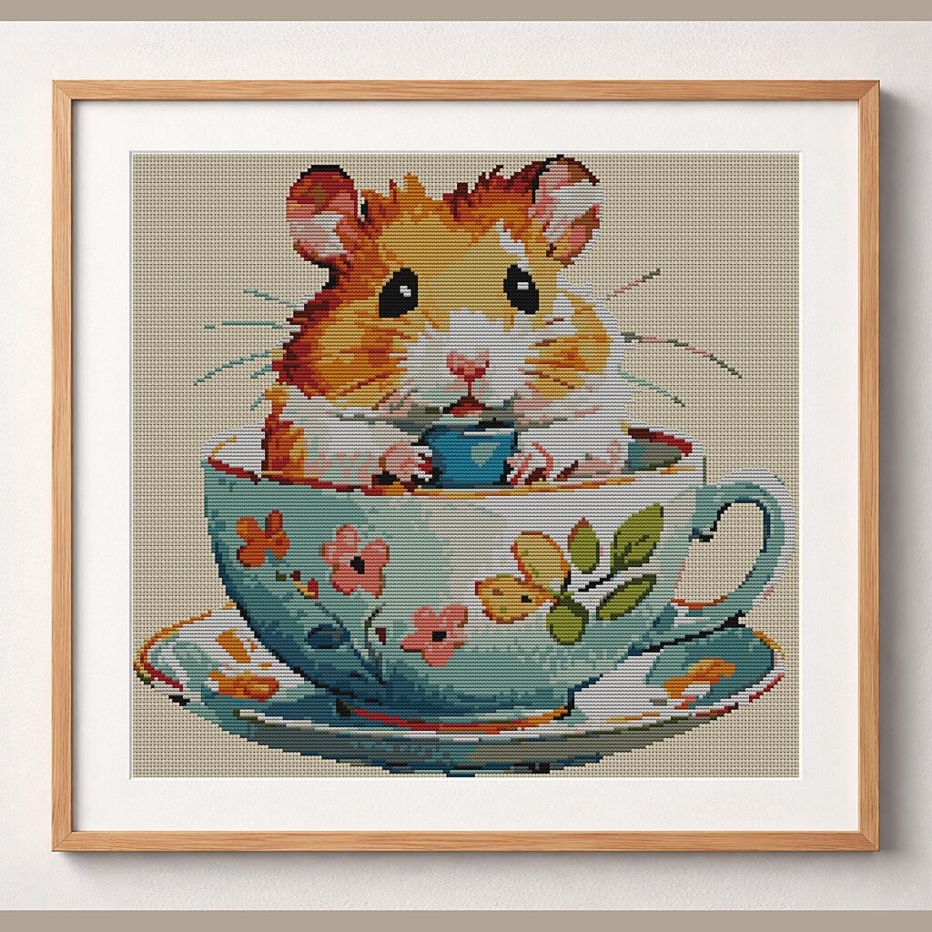 hamster-in-teacup framed cross stitch mockup, realistic finished embroidery design, PDF pattern digital download