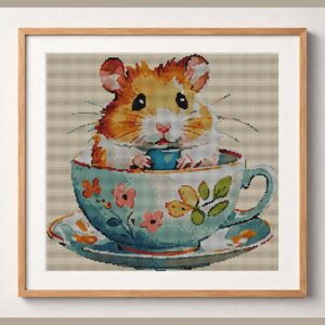 hamster-in-teacup framed cross stitch mockup, realistic finished embroidery design, PDF pattern digital download