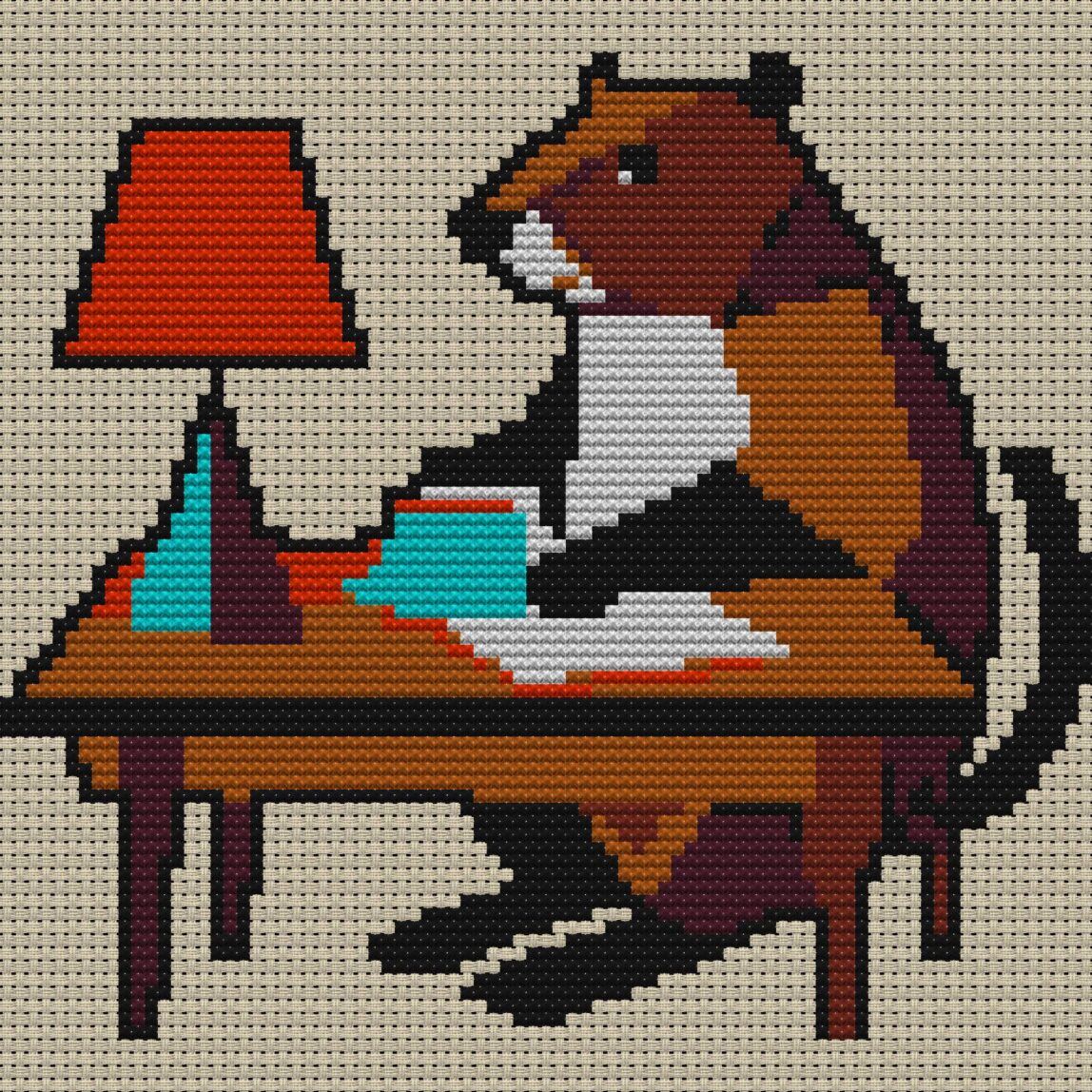 beaver-at-desk full cross stitch design mockup without frame, realistic embroidery preview