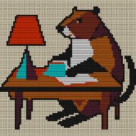 beaver-at-desk full cross stitch design mockup without frame, realistic embroidery preview