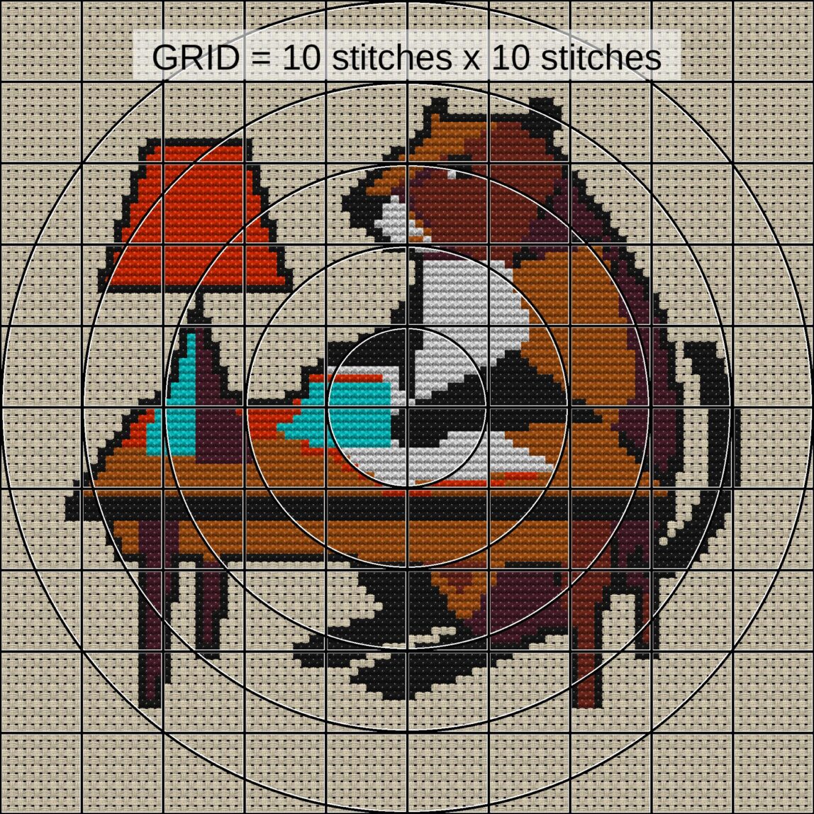 beaver-at-desk close-up cross stitch detail showing color changes, confetti areas and stitch texture