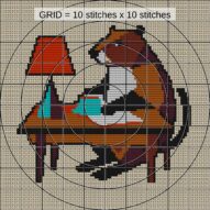 beaver-at-desk close-up cross stitch detail showing color changes, confetti areas and stitch texture