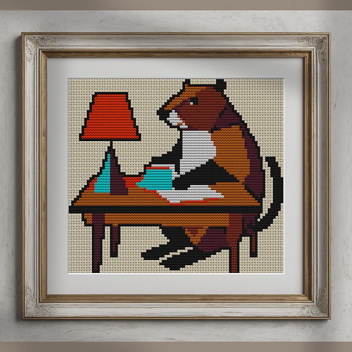 beaver-at-desk alternative framed cross stitch mockup, realistic finished embroidery presentation