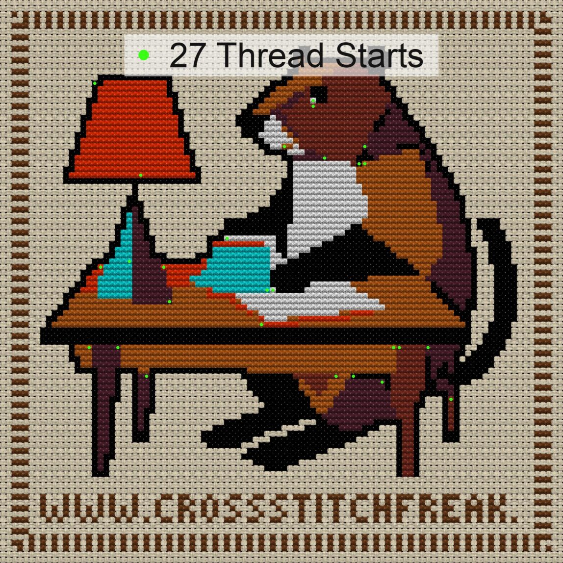 beaver-at-desk cross stitch start point map with highlighted thread start positions in the full design