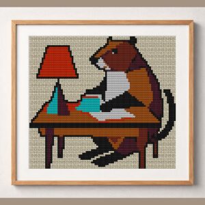 beaver-at-desk framed cross stitch mockup, realistic finished embroidery design, PDF pattern digital download