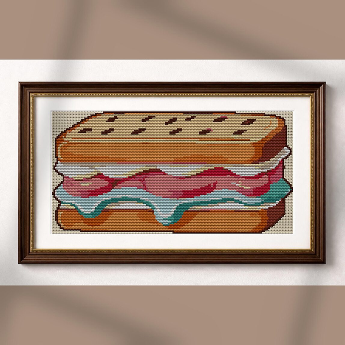 ice-cream-sandwich alternative framed mockup ice-cream-sandwich alternative framed cross stitch mockup, realistic finished embroidery presentation
