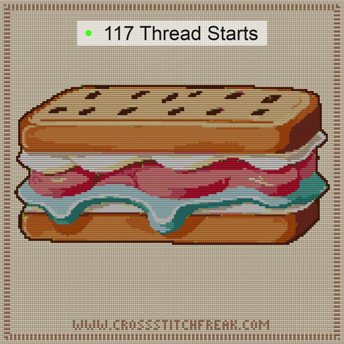 ice-cream-sandwich thread start point map ice-cream-sandwich cross stitch start point map with highlighted thread start positions in the full design