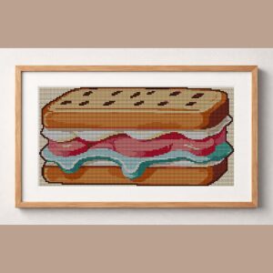 ice-cream-sandwich framed cross stitch mockup, realistic finished embroidery design, PDF pattern digital download