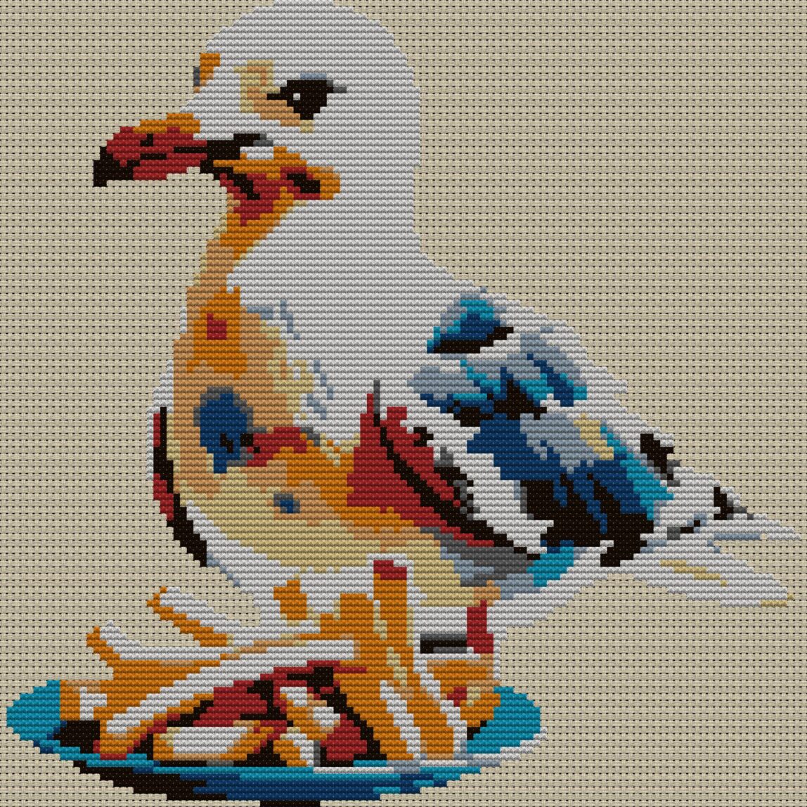 seagull-with-french-fries full cross stitch design mockup without frame, realistic embroidery preview