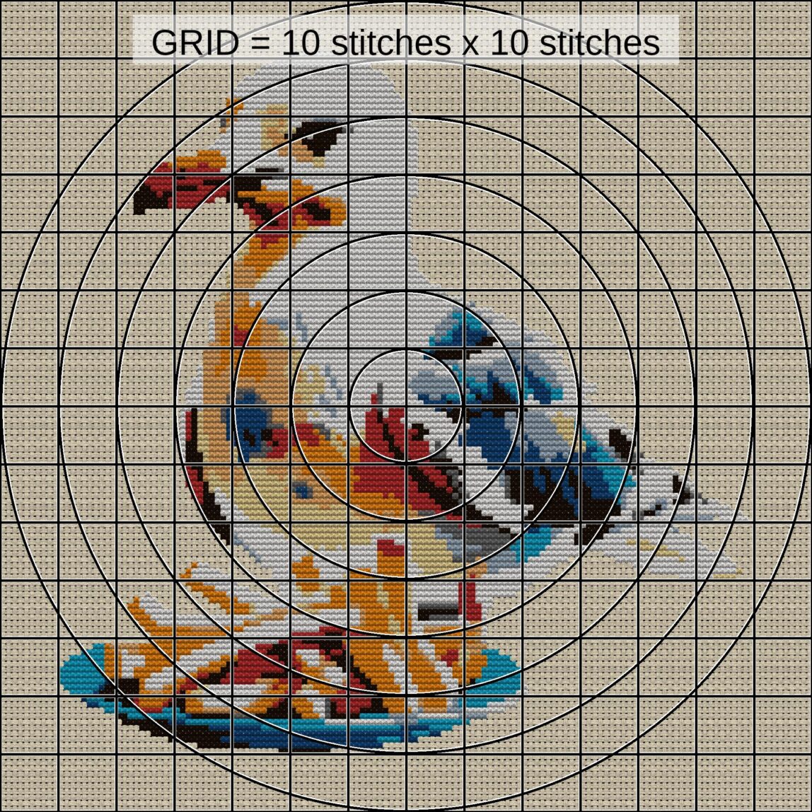 seagull-with-french-fries close-up cross stitch detail showing color changes, confetti areas and stitch texture