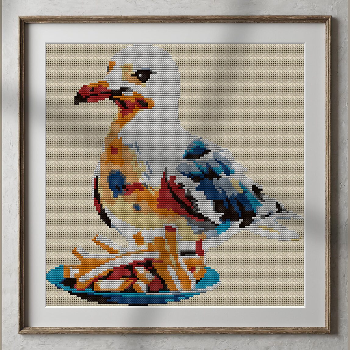 seagull-with-french-fries alternative framed cross stitch mockup, realistic finished embroidery presentation