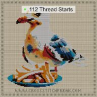 seagull-with-french-fries cross stitch start point map with highlighted thread start positions in the full design