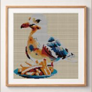seagull-with-french-fries framed cross stitch mockup, realistic finished embroidery design, PDF pattern digital download