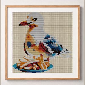 seagull-with-french-fries framed cross stitch mockup, realistic finished embroidery design, PDF pattern digital download