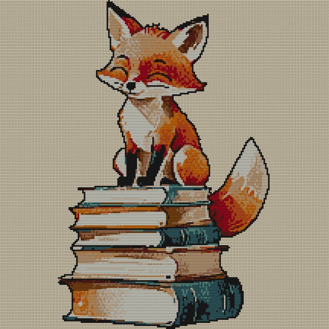 fox-librarian full cross stitch design mockup without frame, realistic embroidery preview