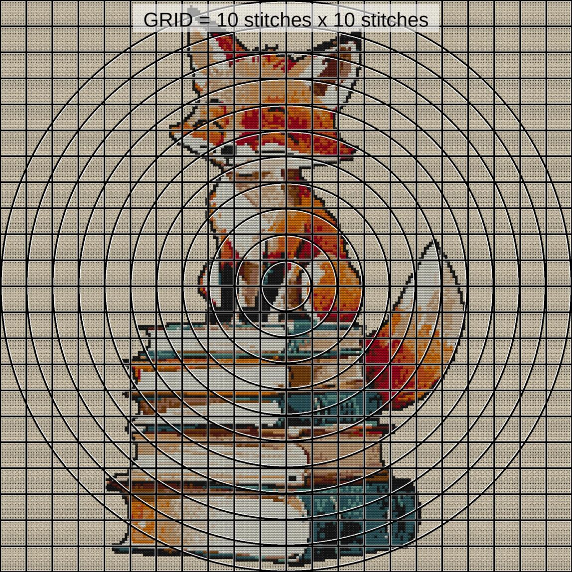 fox-librarian close-up cross stitch detail showing color changes, confetti areas and stitch texture
