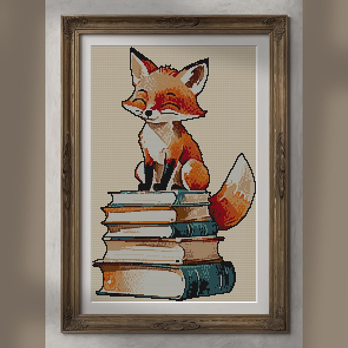 fox-librarian alternative framed cross stitch mockup, realistic finished embroidery presentation