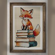 fox-librarian alternative framed cross stitch mockup, realistic finished embroidery presentation